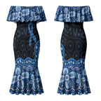 Prostate Cancer Awareness Aussie Indigenous Couples Matching Mermaid Dress and Long Sleeve Button Shirt Blue Ribbon Aboriginal Arts