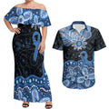 Prostate Cancer Awareness Aussie Indigenous Couples Matching Off Shoulder Maxi Dress and Hawaiian Shirt Blue Ribbon Aboriginal Arts
