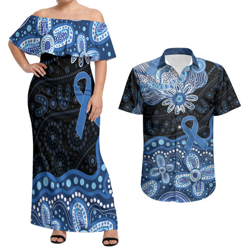 Prostate Cancer Awareness Aussie Indigenous Couples Matching Off Shoulder Maxi Dress and Hawaiian Shirt Blue Ribbon Aboriginal Arts