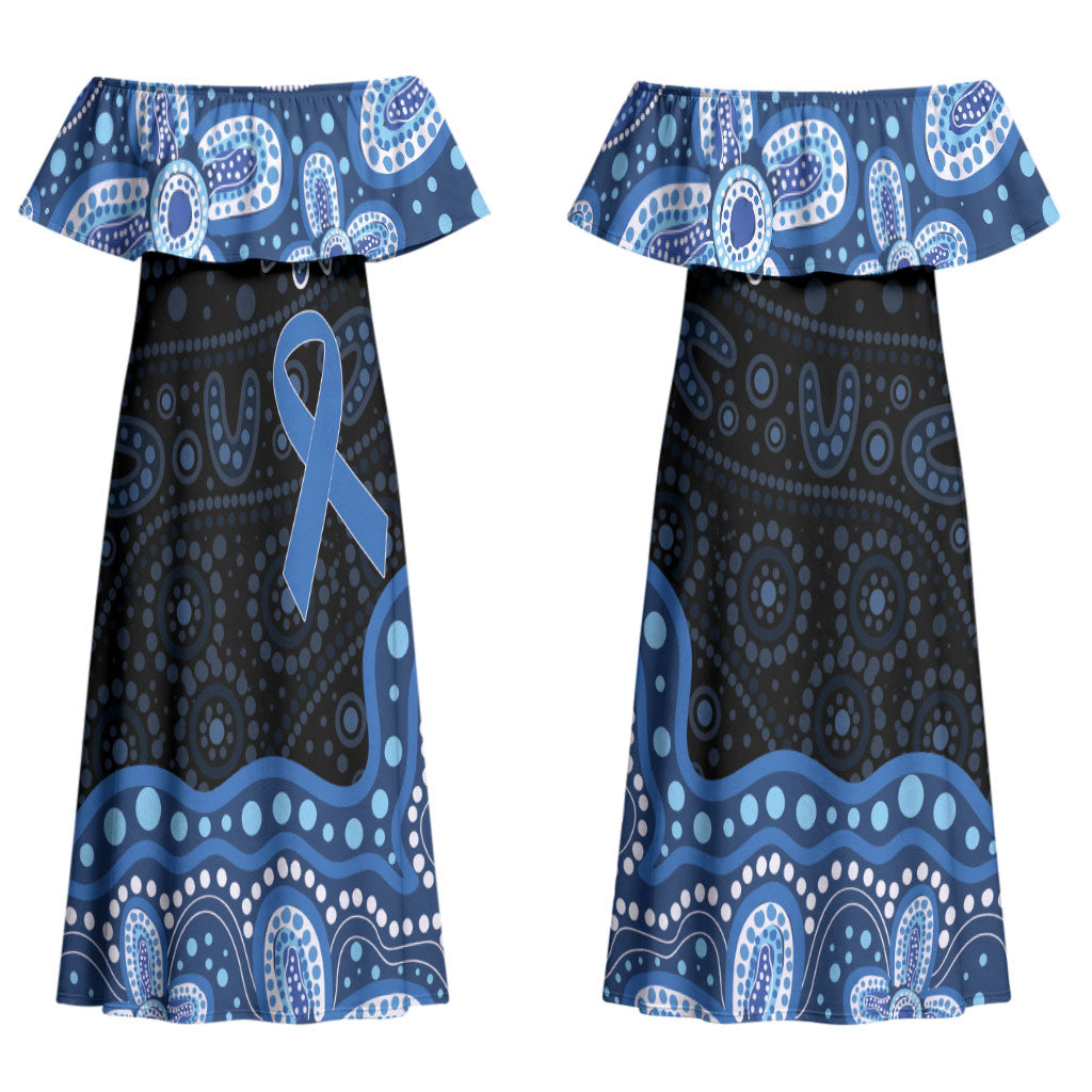 Prostate Cancer Awareness Aussie Indigenous Couples Matching Off Shoulder Maxi Dress and Hawaiian Shirt Blue Ribbon Aboriginal Arts