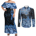 Prostate Cancer Awareness Aussie Indigenous Couples Matching Off Shoulder Maxi Dress and Long Sleeve Button Shirt Blue Ribbon Aboriginal Arts