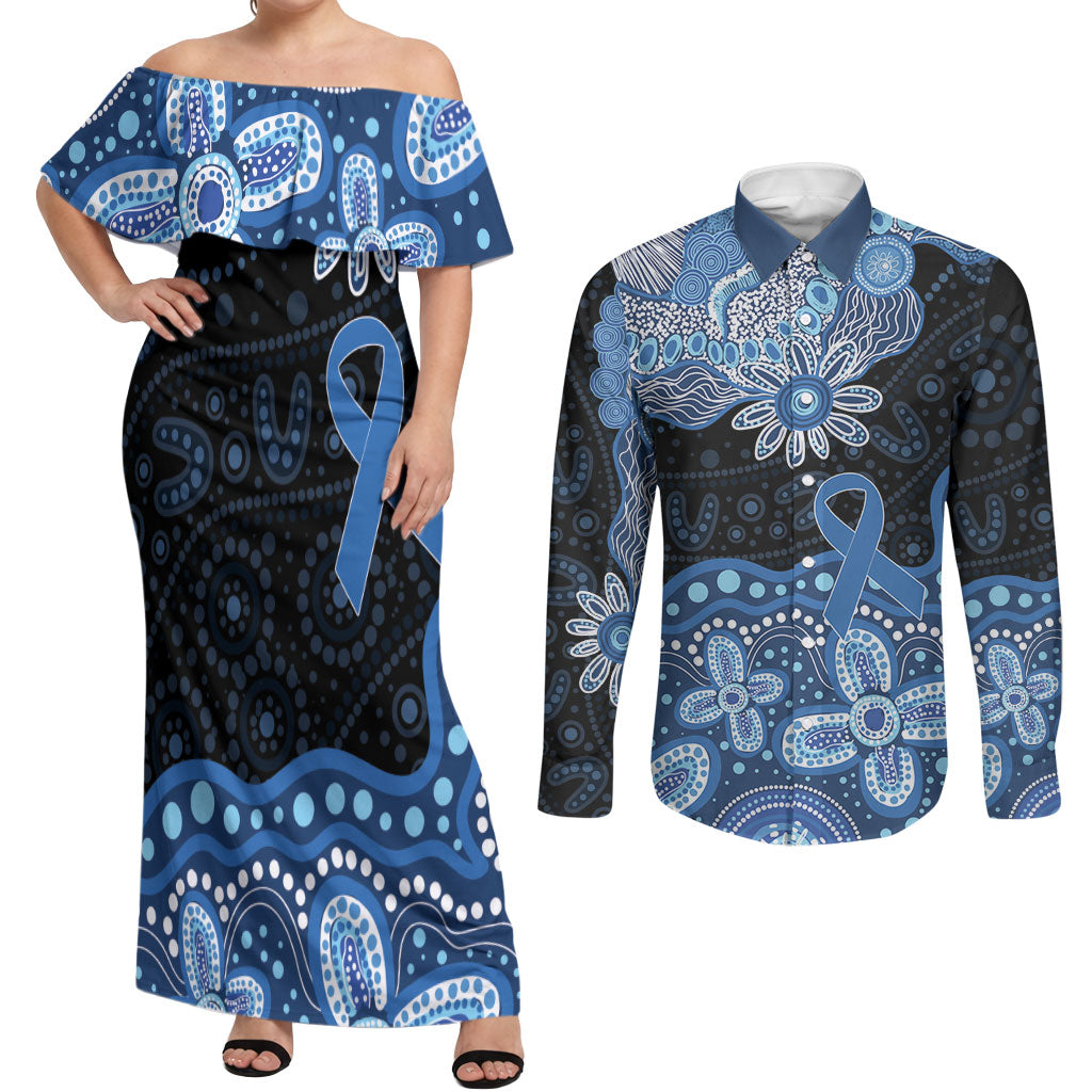 Prostate Cancer Awareness Aussie Indigenous Couples Matching Off Shoulder Maxi Dress and Long Sleeve Button Shirt Blue Ribbon Aboriginal Arts