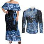 Prostate Cancer Awareness Aussie Indigenous Couples Matching Off Shoulder Maxi Dress and Long Sleeve Button Shirt Blue Ribbon Aboriginal Arts