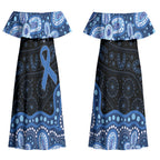 Prostate Cancer Awareness Aussie Indigenous Couples Matching Off Shoulder Maxi Dress and Long Sleeve Button Shirt Blue Ribbon Aboriginal Arts