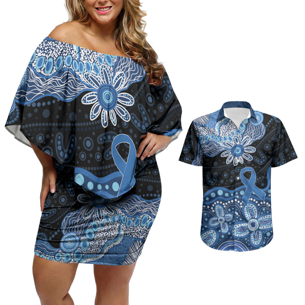 Prostate Cancer Awareness Aussie Indigenous Couples Matching Off Shoulder Short Dress and Hawaiian Shirt Blue Ribbon Aboriginal Arts