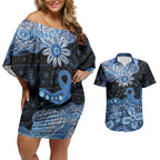 Prostate Cancer Awareness Aussie Indigenous Couples Matching Off Shoulder Short Dress and Hawaiian Shirt Blue Ribbon Aboriginal Arts