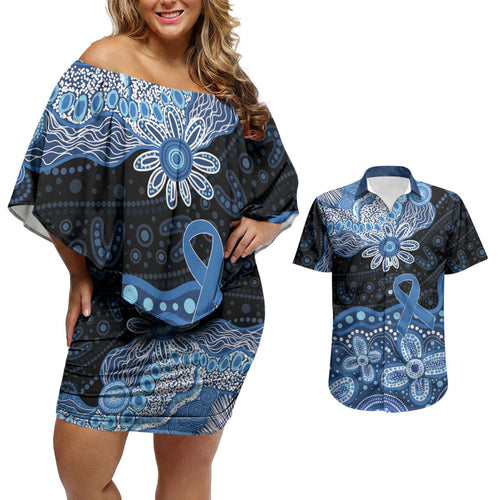 Prostate Cancer Awareness Aussie Indigenous Couples Matching Off Shoulder Short Dress and Hawaiian Shirt Blue Ribbon Aboriginal Arts