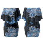 Prostate Cancer Awareness Aussie Indigenous Couples Matching Off Shoulder Short Dress and Hawaiian Shirt Blue Ribbon Aboriginal Arts