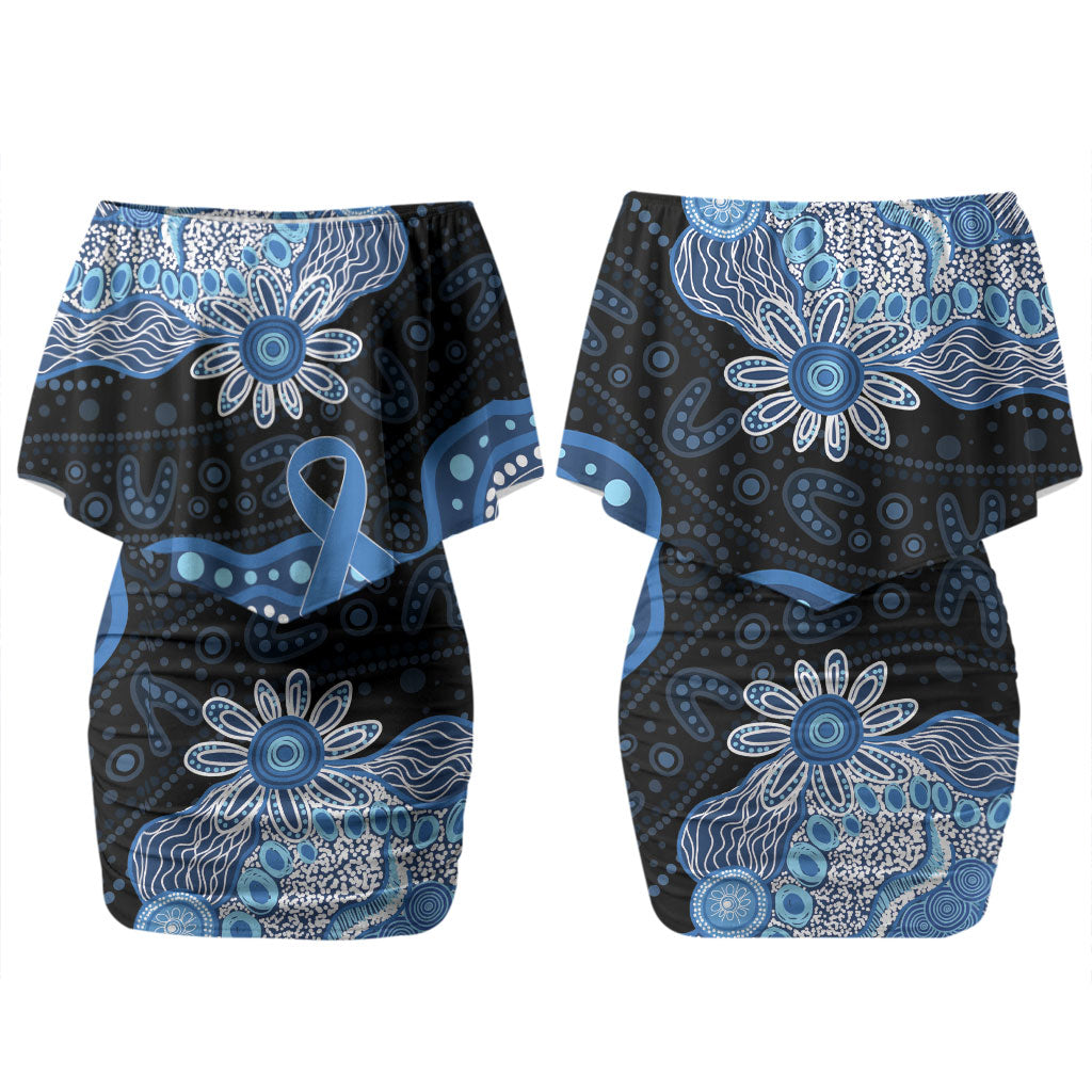 Prostate Cancer Awareness Aussie Indigenous Couples Matching Off Shoulder Short Dress and Hawaiian Shirt Blue Ribbon Aboriginal Arts