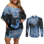Prostate Cancer Awareness Aussie Indigenous Couples Matching Off Shoulder Short Dress and Long Sleeve Button Shirt Blue Ribbon Aboriginal Arts
