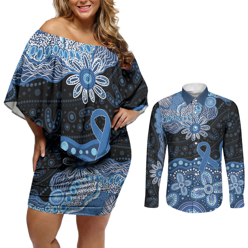 Prostate Cancer Awareness Aussie Indigenous Couples Matching Off Shoulder Short Dress and Long Sleeve Button Shirt Blue Ribbon Aboriginal Arts