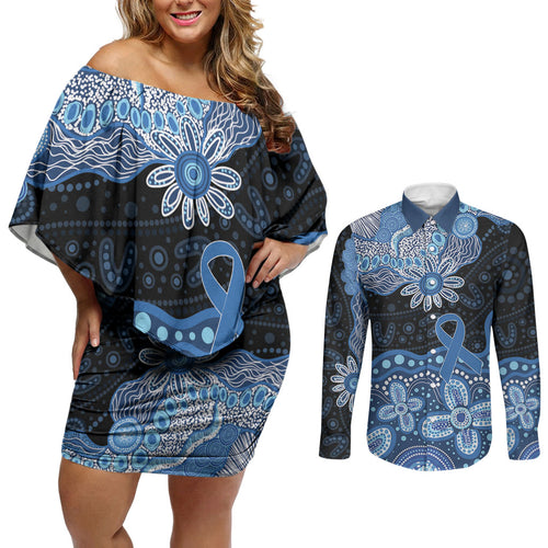 Prostate Cancer Awareness Aussie Indigenous Couples Matching Off Shoulder Short Dress and Long Sleeve Button Shirt Blue Ribbon Aboriginal Arts