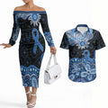 Prostate Cancer Awareness Aussie Indigenous Couples Matching Off The Shoulder Long Sleeve Dress and Hawaiian Shirt Blue Ribbon Aboriginal Arts