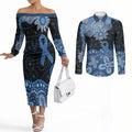 Prostate Cancer Awareness Aussie Indigenous Couples Matching Off The Shoulder Long Sleeve Dress and Long Sleeve Button Shirt Blue Ribbon Aboriginal Arts