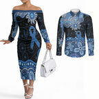 Prostate Cancer Awareness Aussie Indigenous Couples Matching Off The Shoulder Long Sleeve Dress and Long Sleeve Button Shirt Blue Ribbon Aboriginal Arts