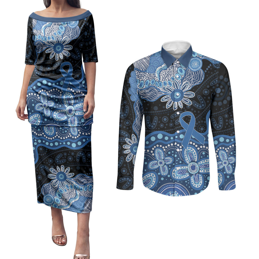 Prostate Cancer Awareness Aussie Indigenous Couples Matching Puletasi and Long Sleeve Button Shirt Blue Ribbon Aboriginal Arts