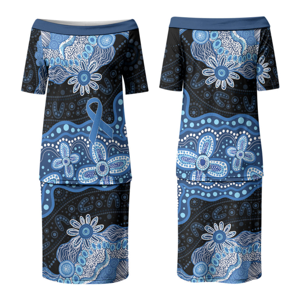 Prostate Cancer Awareness Aussie Indigenous Couples Matching Puletasi and Long Sleeve Button Shirt Blue Ribbon Aboriginal Arts