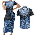 Prostate Cancer Awareness Aussie Indigenous Couples Matching Short Sleeve Bodycon Dress and Hawaiian Shirt Blue Ribbon Aboriginal Arts