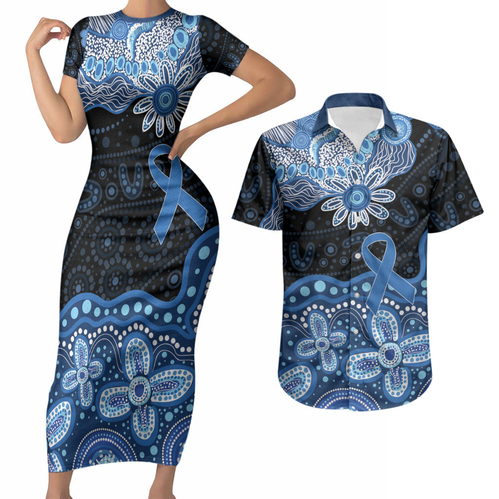 Prostate Cancer Awareness Aussie Indigenous Couples Matching Short Sleeve Bodycon Dress and Hawaiian Shirt Blue Ribbon Aboriginal Arts