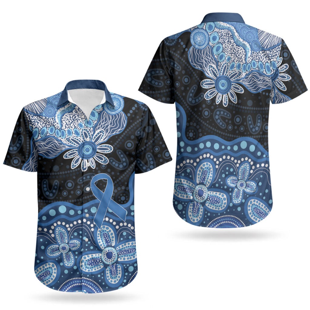 Prostate Cancer Awareness Aussie Indigenous Couples Matching Short Sleeve Bodycon Dress and Hawaiian Shirt Blue Ribbon Aboriginal Arts