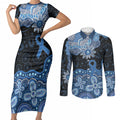 Prostate Cancer Awareness Aussie Indigenous Couples Matching Short Sleeve Bodycon Dress and Long Sleeve Button Shirt Blue Ribbon Aboriginal Arts