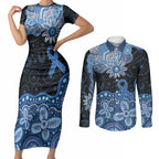 Prostate Cancer Awareness Aussie Indigenous Couples Matching Short Sleeve Bodycon Dress and Long Sleeve Button Shirt Blue Ribbon Aboriginal Arts