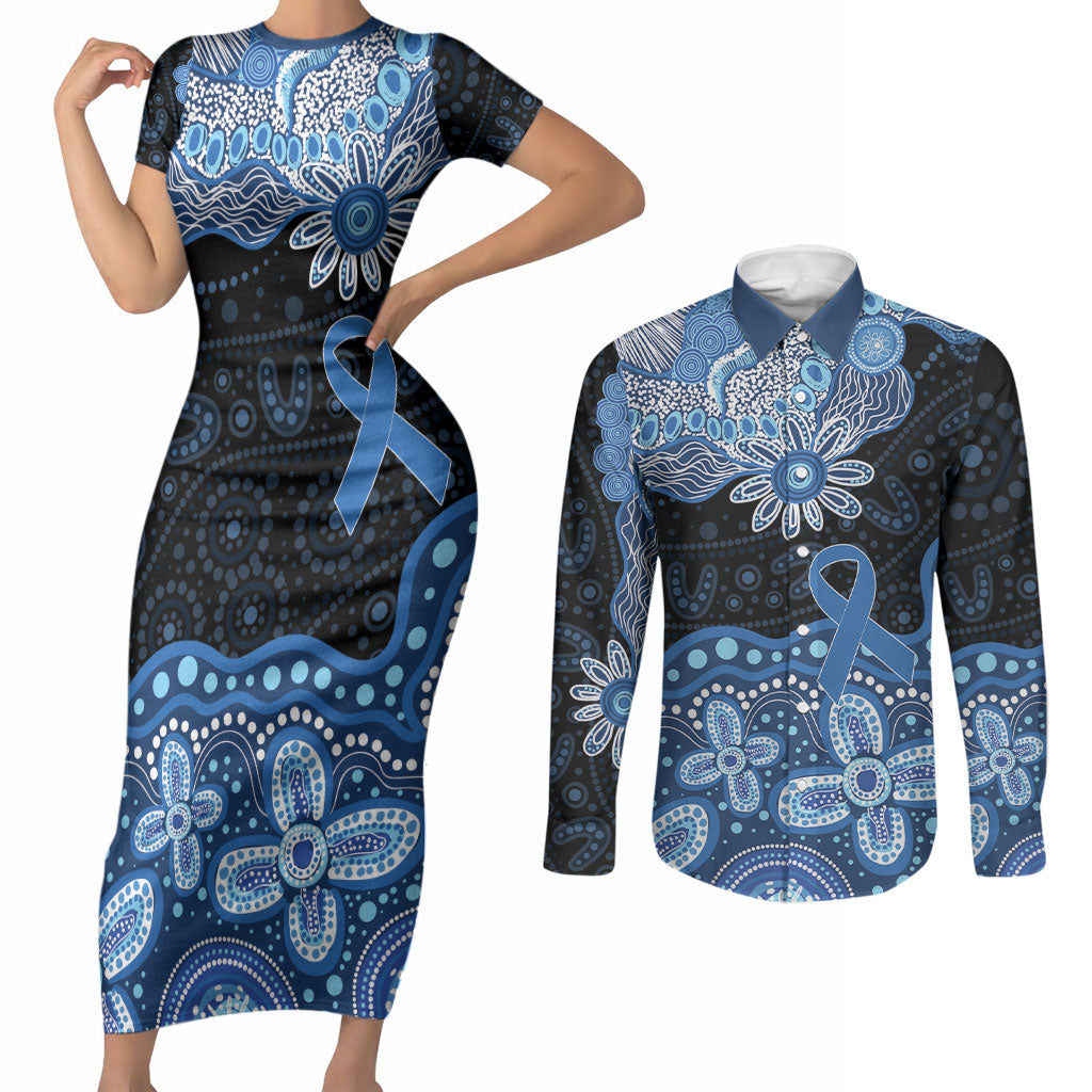 Prostate Cancer Awareness Aussie Indigenous Couples Matching Short Sleeve Bodycon Dress and Long Sleeve Button Shirt Blue Ribbon Aboriginal Arts