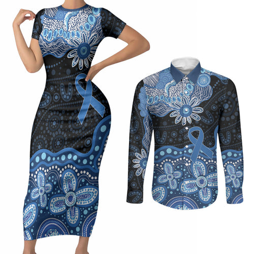 Prostate Cancer Awareness Aussie Indigenous Couples Matching Short Sleeve Bodycon Dress and Long Sleeve Button Shirt Blue Ribbon Aboriginal Arts