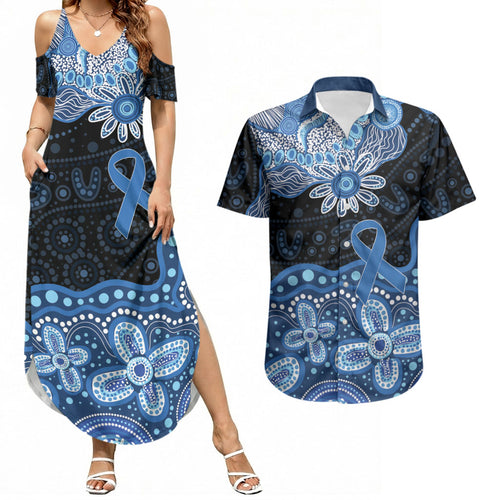 Prostate Cancer Awareness Aussie Indigenous Couples Matching Summer Maxi Dress and Hawaiian Shirt Blue Ribbon Aboriginal Arts