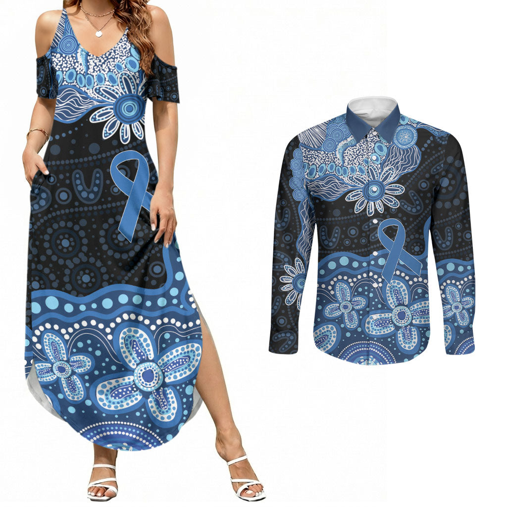 Prostate Cancer Awareness Aussie Indigenous Couples Matching Summer Maxi Dress and Long Sleeve Button Shirt Blue Ribbon Aboriginal Arts