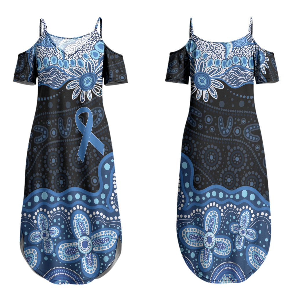 Prostate Cancer Awareness Aussie Indigenous Couples Matching Summer Maxi Dress and Long Sleeve Button Shirt Blue Ribbon Aboriginal Arts