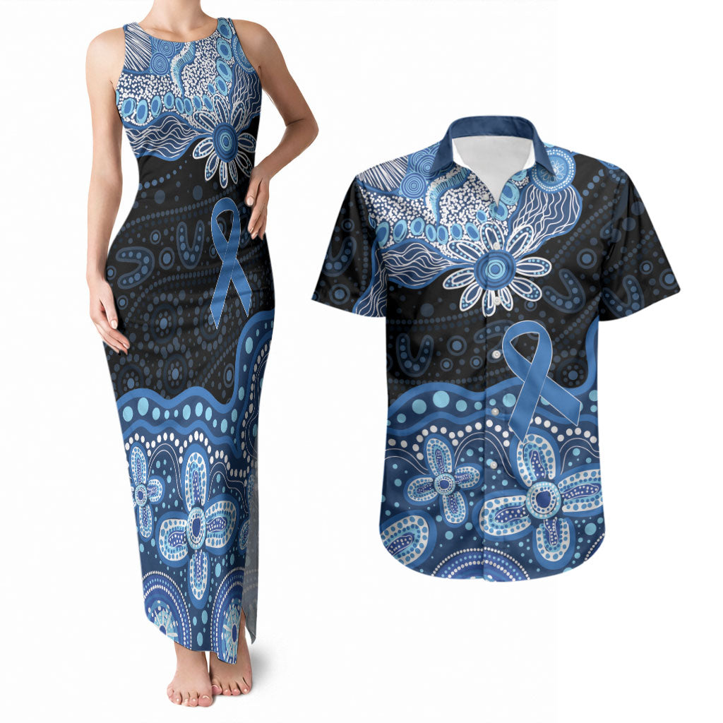 Prostate Cancer Awareness Aussie Indigenous Couples Matching Tank Maxi Dress and Hawaiian Shirt Blue Ribbon Aboriginal Arts