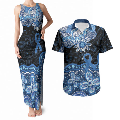 Prostate Cancer Awareness Aussie Indigenous Couples Matching Tank Maxi Dress and Hawaiian Shirt Blue Ribbon Aboriginal Arts