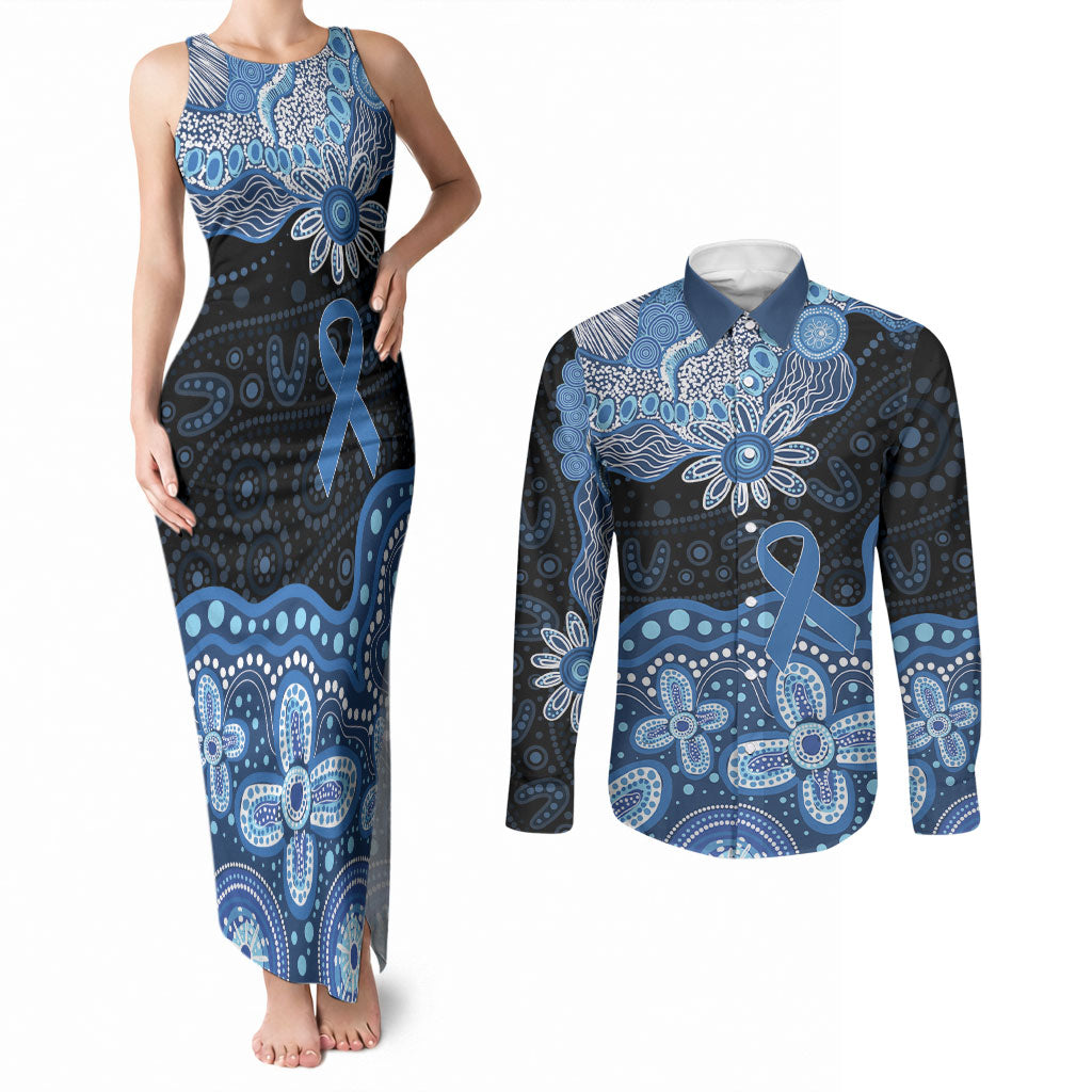 Prostate Cancer Awareness Aussie Indigenous Couples Matching Tank Maxi Dress and Long Sleeve Button Shirt Blue Ribbon Aboriginal Arts