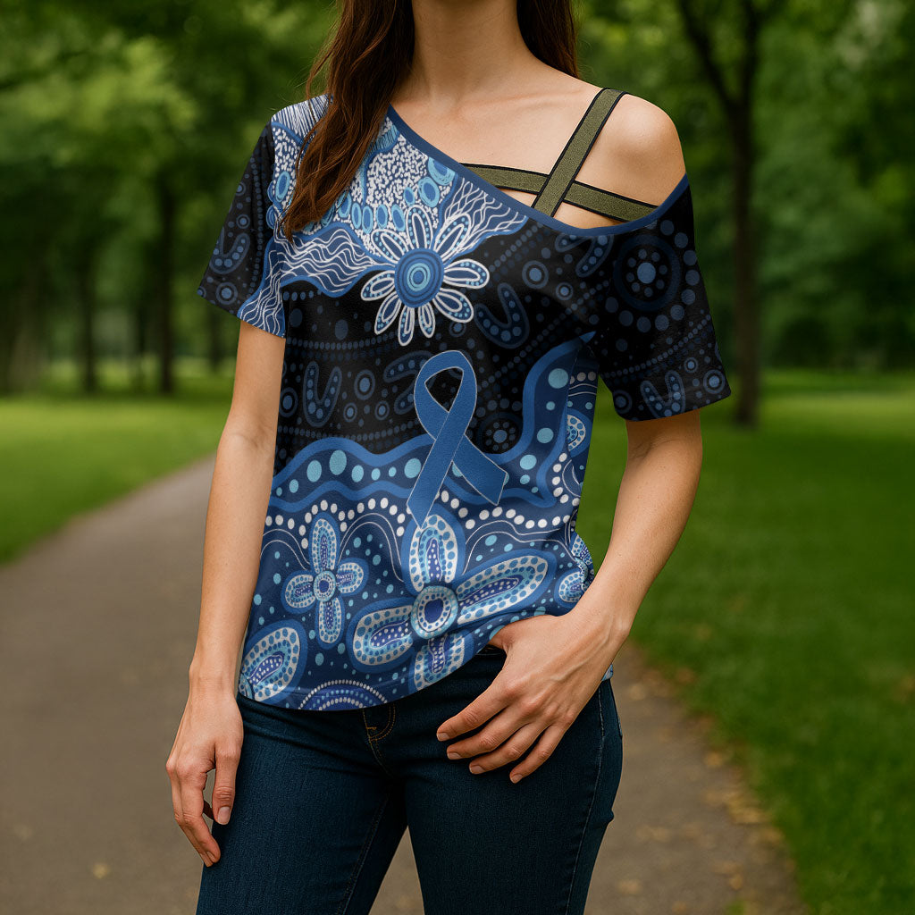 Prostate Cancer Awareness Aussie Indigenous Cross Shoulder Shirt Blue Ribbon Aboriginal Arts