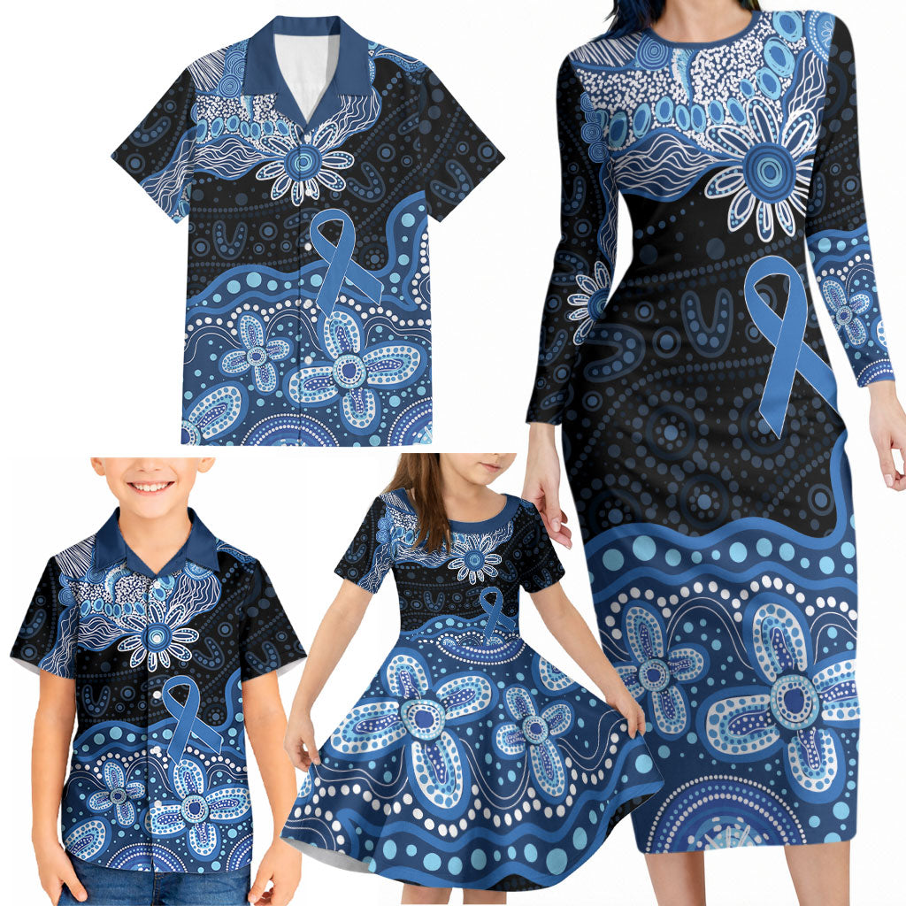 Prostate Cancer Awareness Aussie Indigenous Family Matching Long Sleeve Bodycon Dress and Hawaiian Shirt Blue Ribbon Aboriginal Arts