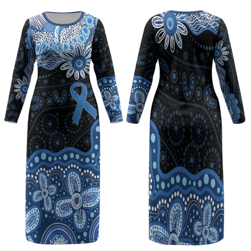 Prostate Cancer Awareness Aussie Indigenous Family Matching Long Sleeve Bodycon Dress and Hawaiian Shirt Blue Ribbon Aboriginal Arts