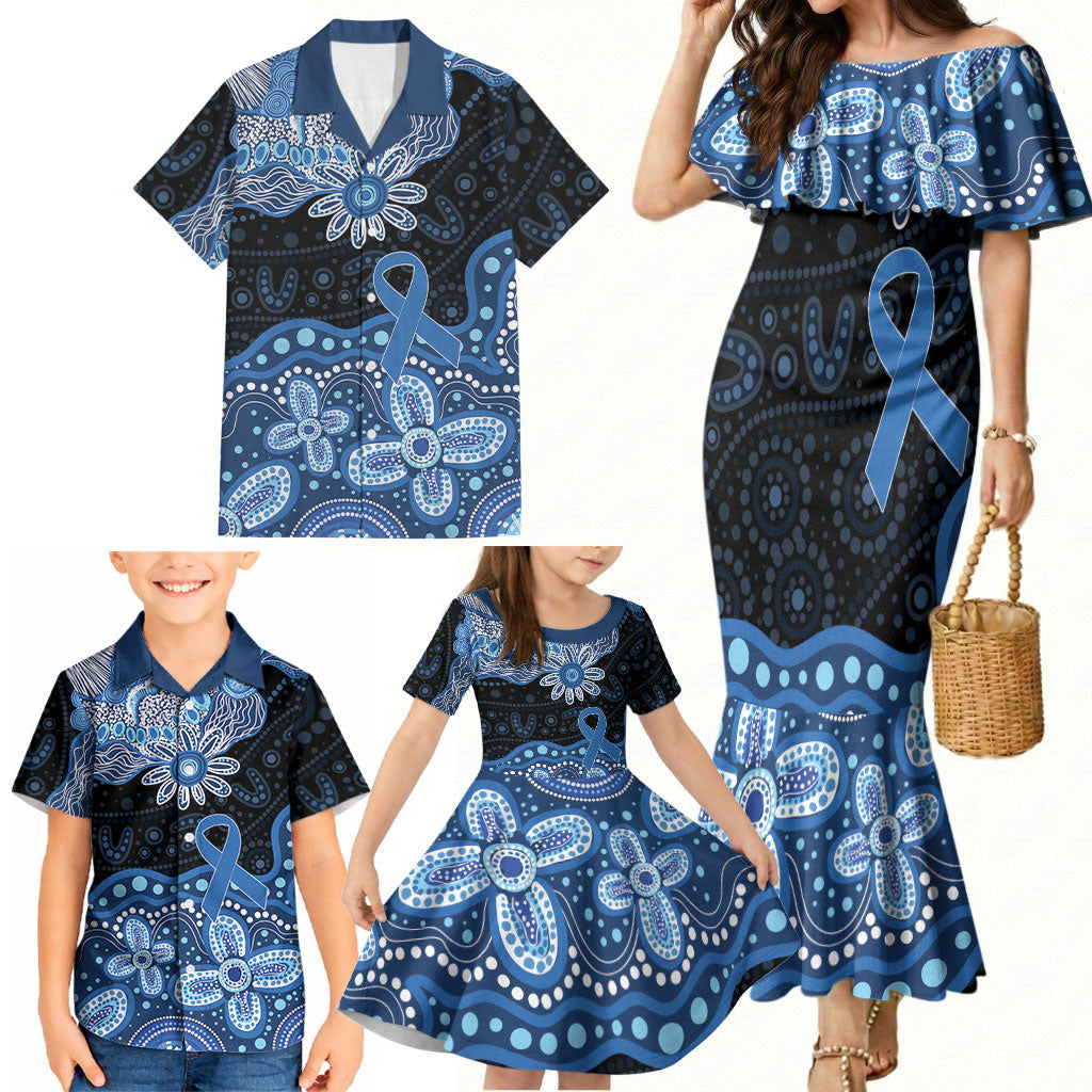 Prostate Cancer Awareness Aussie Indigenous Family Matching Mermaid Dress and Hawaiian Shirt Blue Ribbon Aboriginal Arts