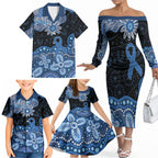Prostate Cancer Awareness Aussie Indigenous Family Matching Off The Shoulder Long Sleeve Dress and Hawaiian Shirt Blue Ribbon Aboriginal Arts