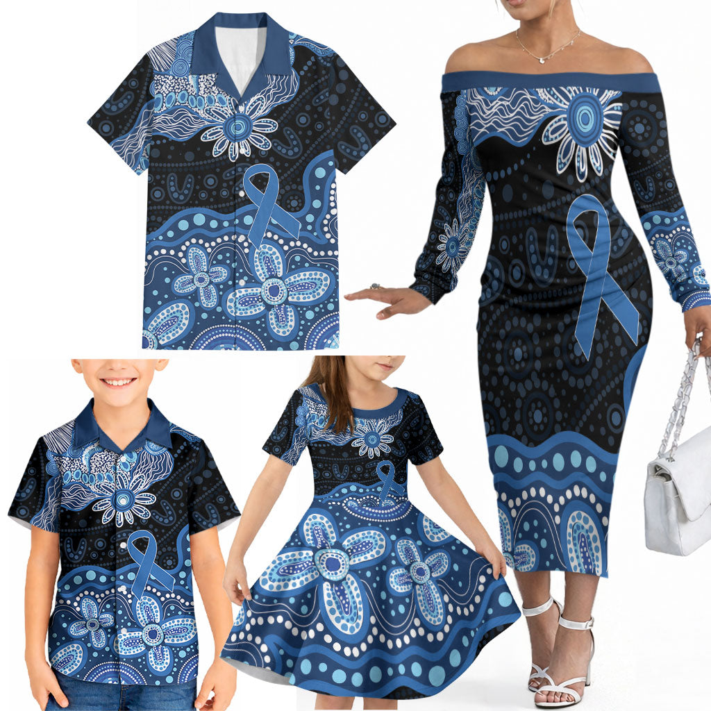 Prostate Cancer Awareness Aussie Indigenous Family Matching Off The Shoulder Long Sleeve Dress and Hawaiian Shirt Blue Ribbon Aboriginal Arts