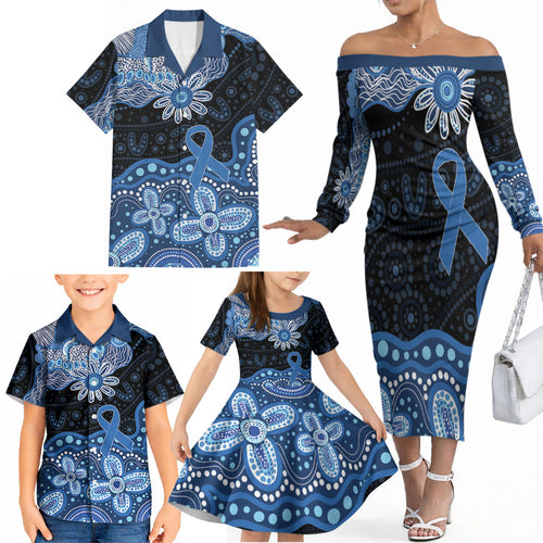 Prostate Cancer Awareness Aussie Indigenous Family Matching Off The Shoulder Long Sleeve Dress and Hawaiian Shirt Blue Ribbon Aboriginal Arts