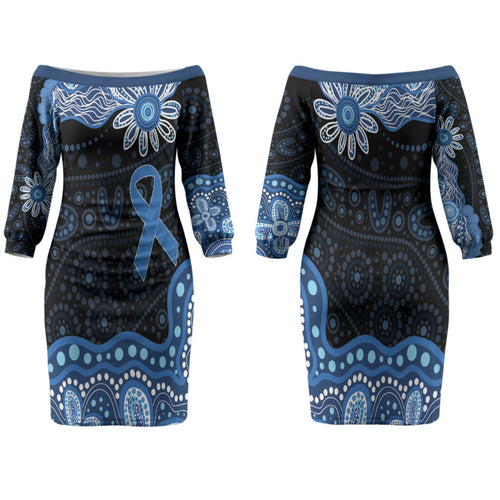 Prostate Cancer Awareness Aussie Indigenous Family Matching Off The Shoulder Long Sleeve Dress and Hawaiian Shirt Blue Ribbon Aboriginal Arts