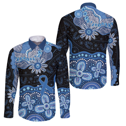 Prostate Cancer Awareness Aussie Indigenous Family Matching Off The Shoulder Long Sleeve Dress and Hawaiian Shirt Blue Ribbon Aboriginal Arts