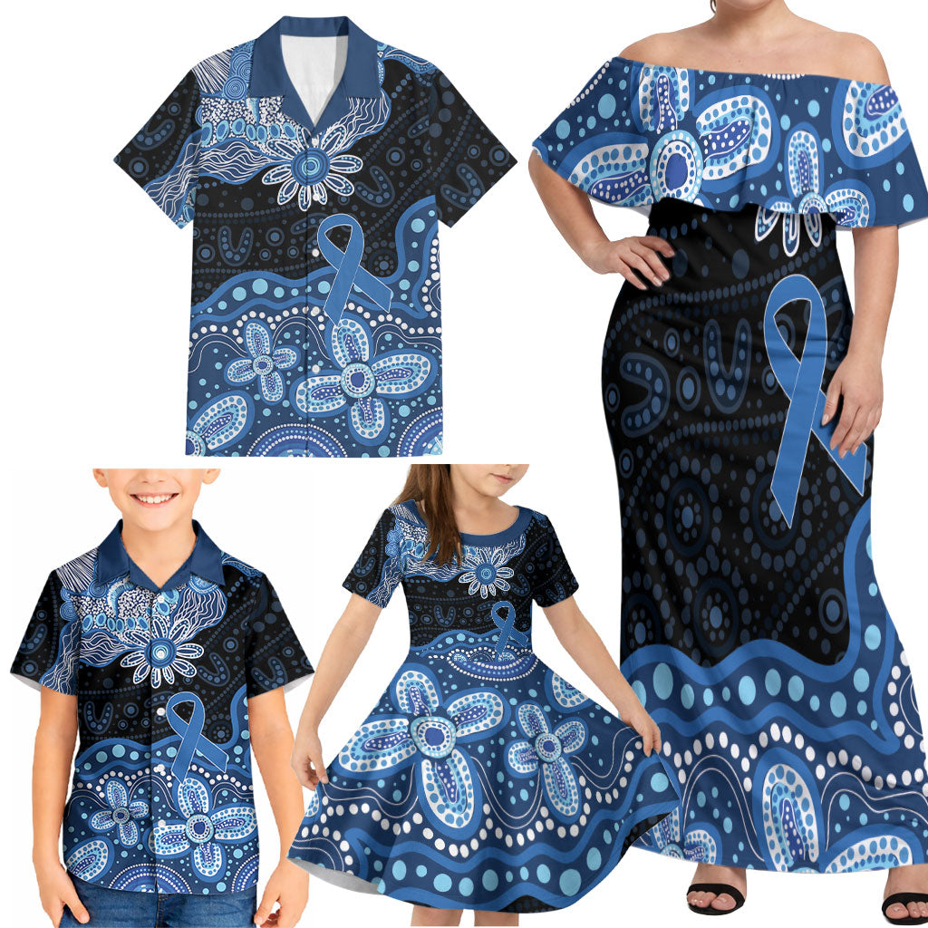 Prostate Cancer Awareness Aussie Indigenous Family Matching Off Shoulder Maxi Dress and Hawaiian Shirt Blue Ribbon Aboriginal Arts