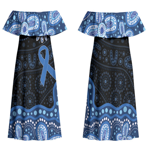 Prostate Cancer Awareness Aussie Indigenous Family Matching Off Shoulder Maxi Dress and Hawaiian Shirt Blue Ribbon Aboriginal Arts