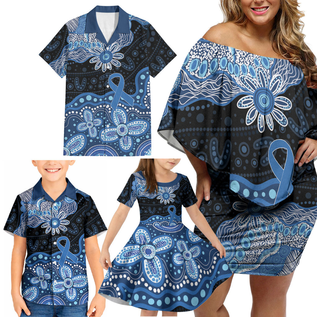 Prostate Cancer Awareness Aussie Indigenous Family Matching Off Shoulder Short Dress and Hawaiian Shirt Blue Ribbon Aboriginal Arts