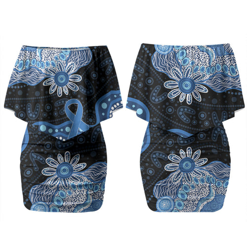 Prostate Cancer Awareness Aussie Indigenous Family Matching Off Shoulder Short Dress and Hawaiian Shirt Blue Ribbon Aboriginal Arts