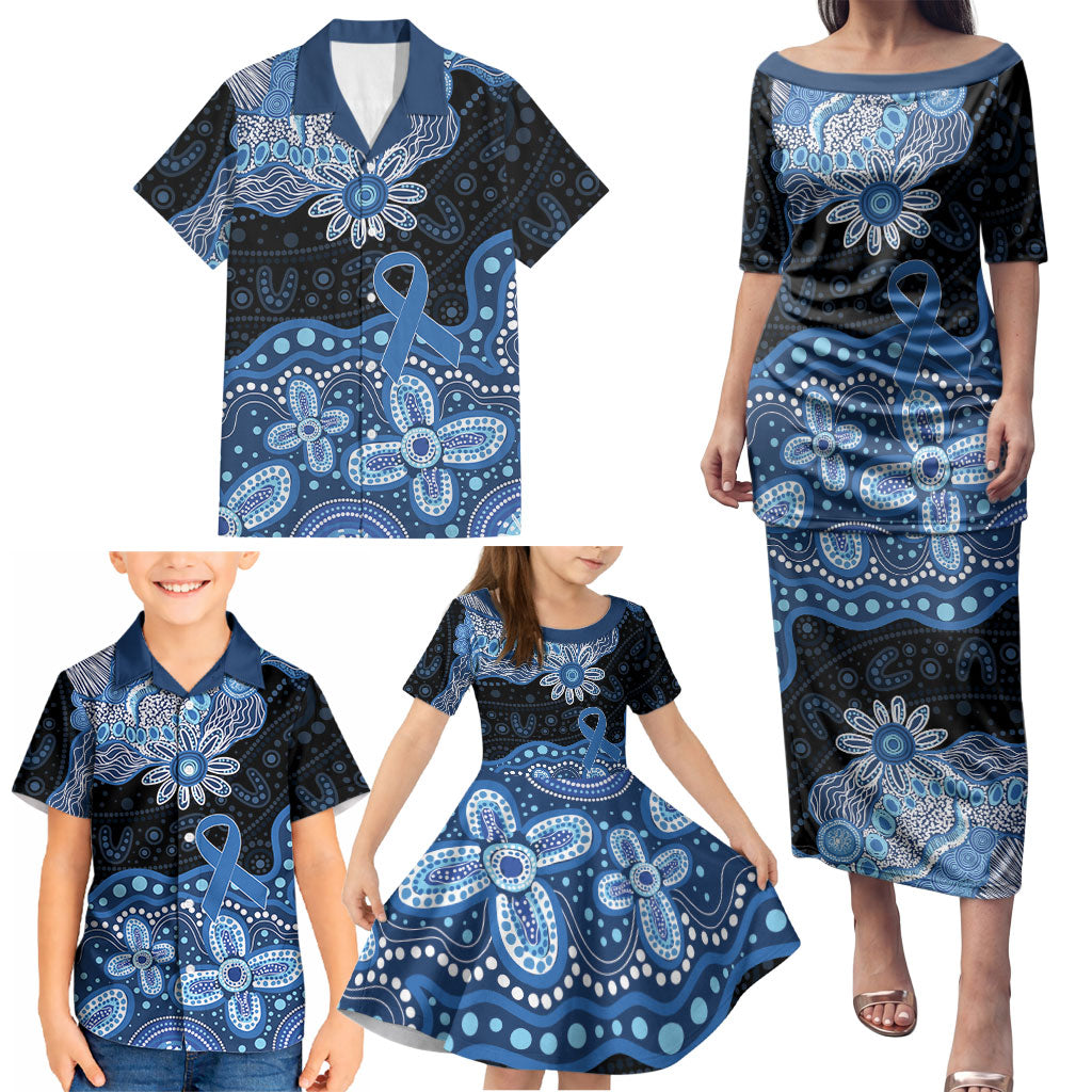 Prostate Cancer Awareness Aussie Indigenous Family Matching Puletasi and Hawaiian Shirt Blue Ribbon Aboriginal Arts