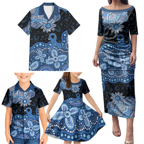 Prostate Cancer Awareness Aussie Indigenous Family Matching Puletasi and Hawaiian Shirt Blue Ribbon Aboriginal Arts