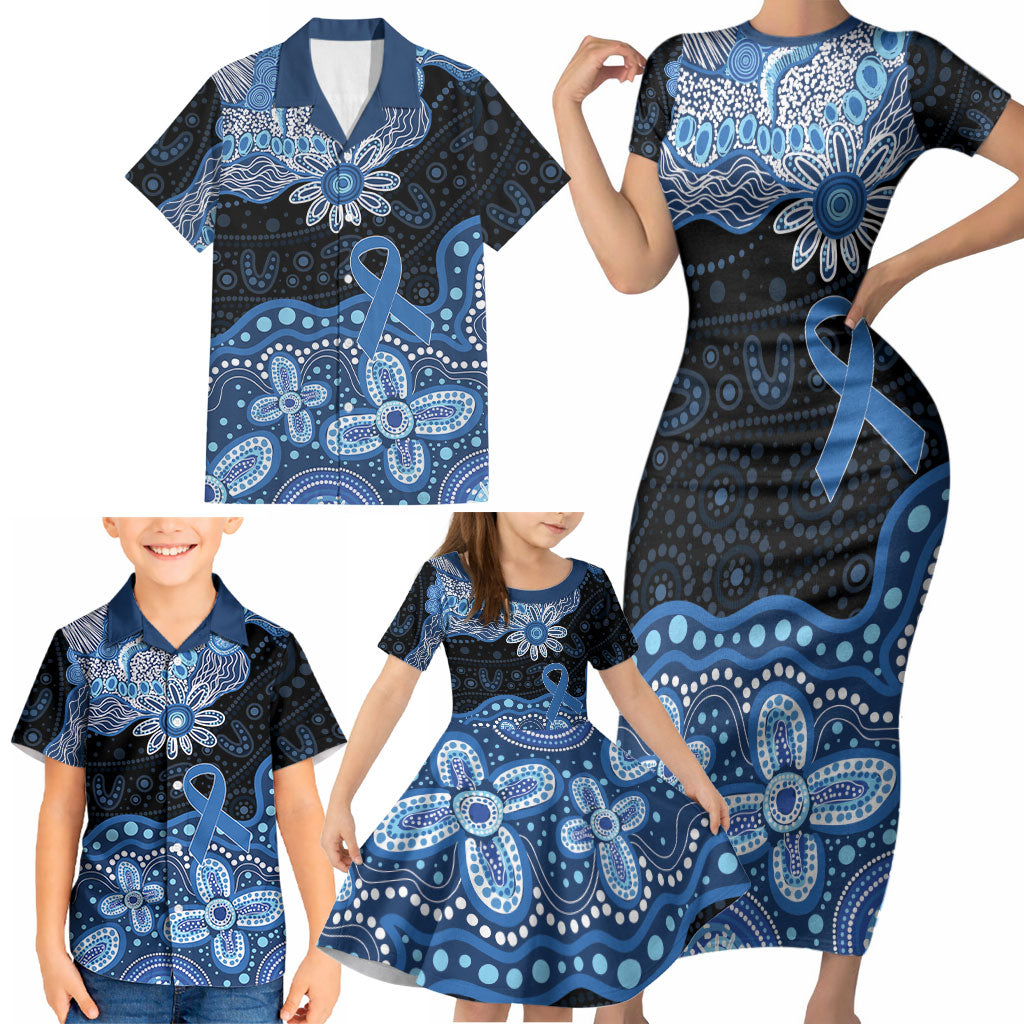 Prostate Cancer Awareness Aussie Indigenous Family Matching Short Sleeve Bodycon Dress and Hawaiian Shirt Blue Ribbon Aboriginal Arts